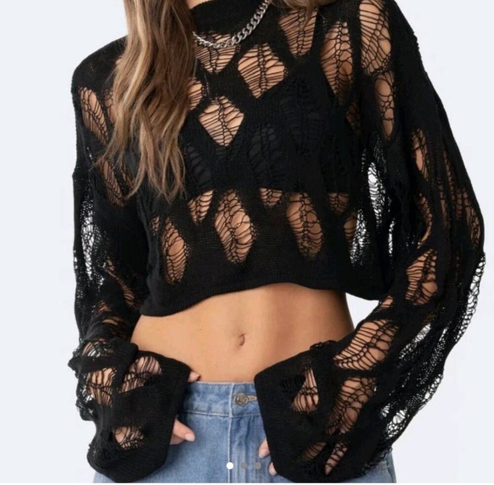 EDIKTED Outfit Large Streetwear Long Sleeve Distressed Knit Top #751